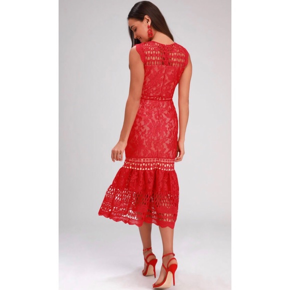 RED LACE SLEEVELESS MIDI DRESS - Picture 2 of 4
